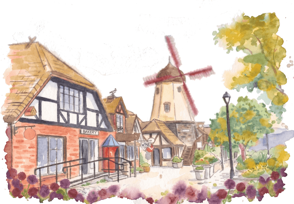 Watercolor illustration of a Solvang street with the windmill